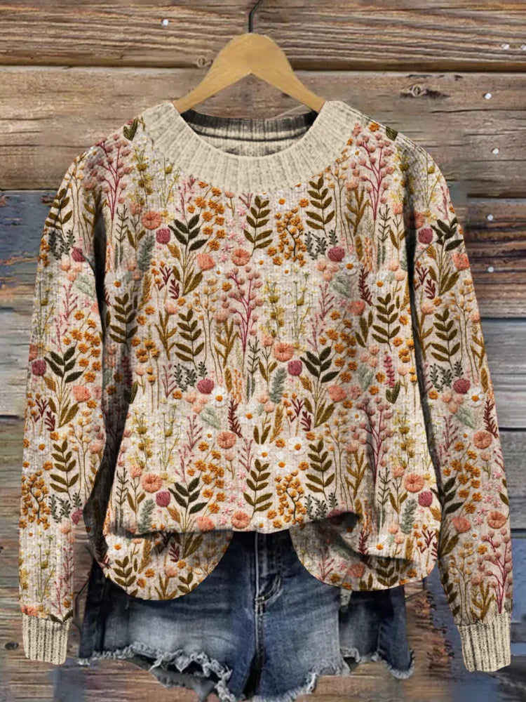 Striktrøje dame blomstret sweater med rund hals