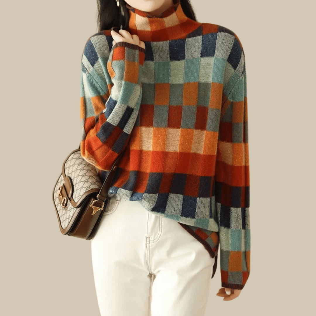 Striktrøje dame ternet sweater med rullekrave