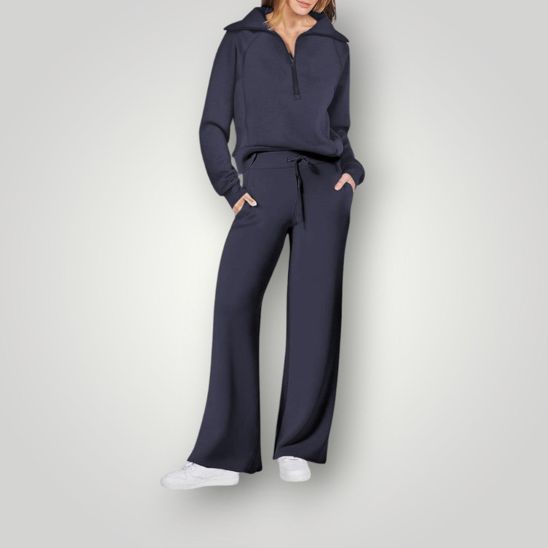 Dame loungewear sæt – afslappet trøje med lynlås og brede bukser