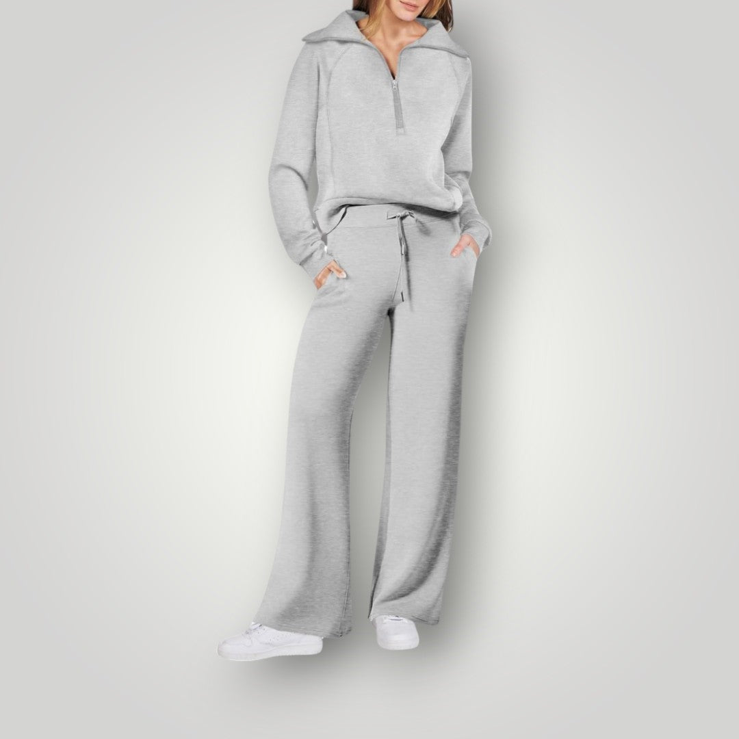 Dame loungewear sæt – afslappet trøje med lynlås og brede bukser