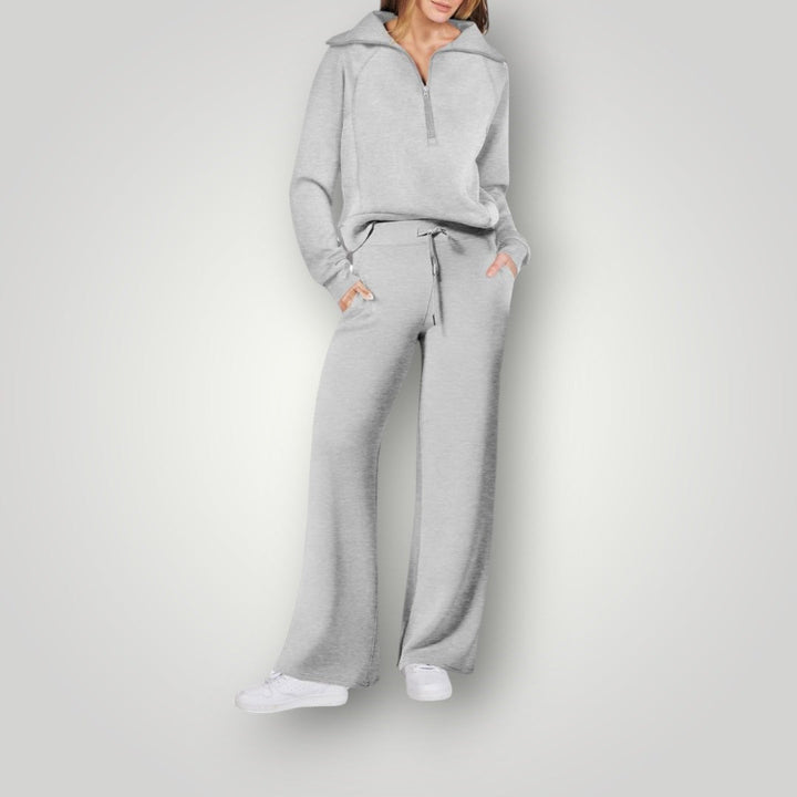 Dame loungewear sæt – afslappet trøje med lynlås og brede bukser