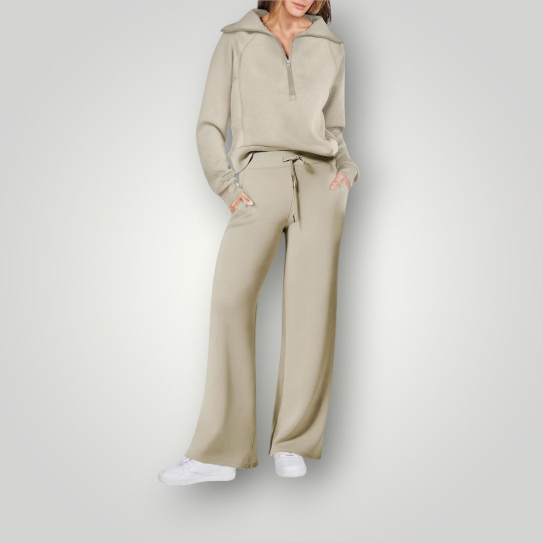Dame loungewear sæt – afslappet trøje med lynlås og brede bukser