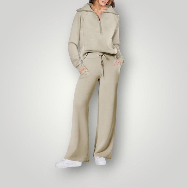 Dame loungewear sæt – afslappet trøje med lynlås og brede bukser