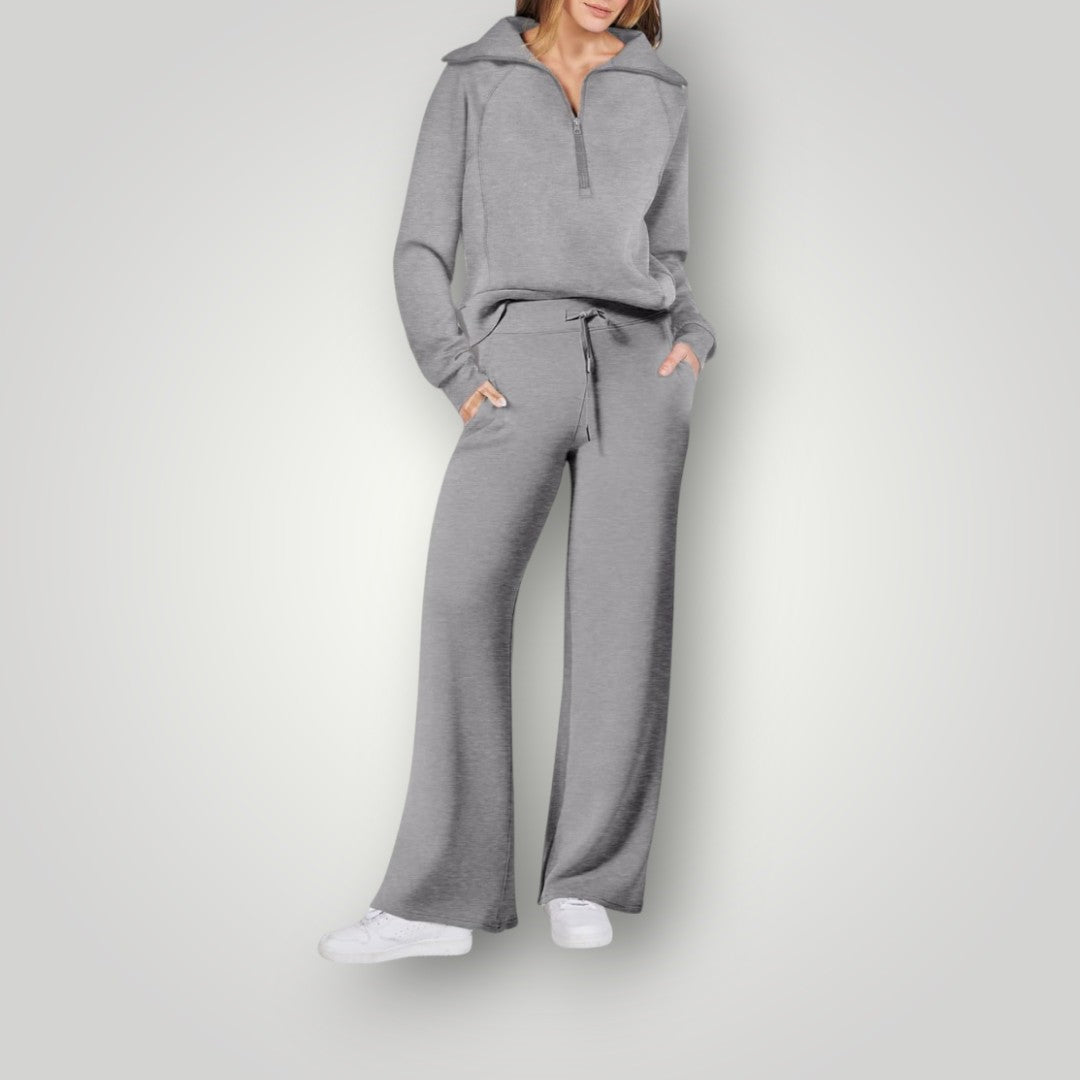 Dame loungewear sæt – afslappet trøje med lynlås og brede bukser