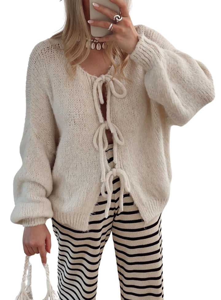 Oversized strikcardigan med bindelukning