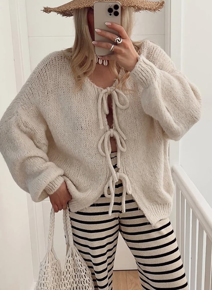 Oversized strikcardigan med bindelukning