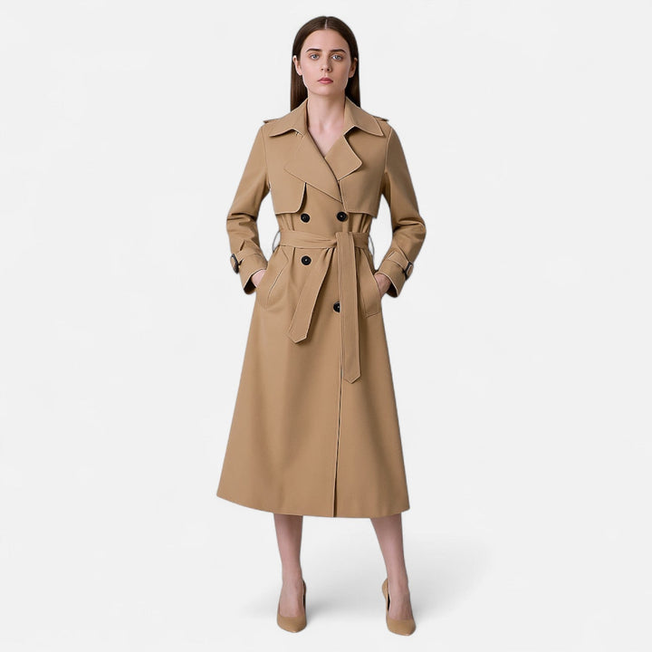 Lang damefrakke med reverskrave – lige pasform