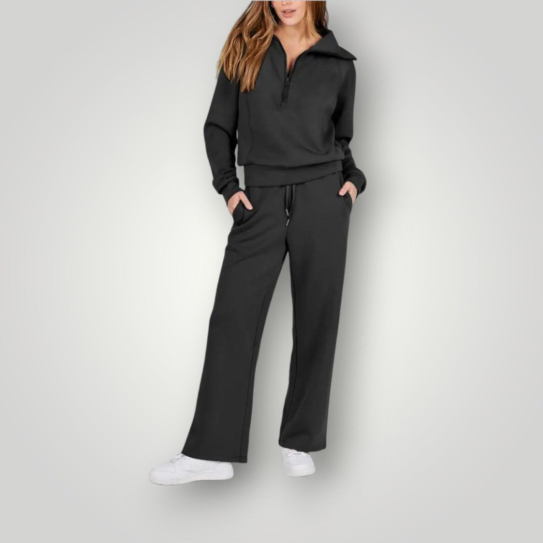 Dame loungewear sæt – afslappet trøje med lynlås og brede bukser