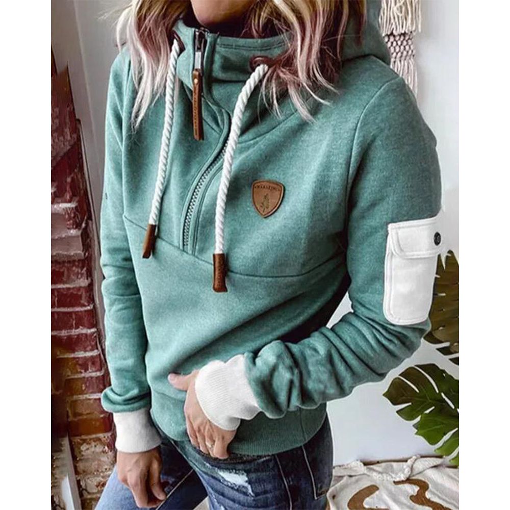 Dame hættetrøje sporty hoodie med lynlås og lomme på ærmet
