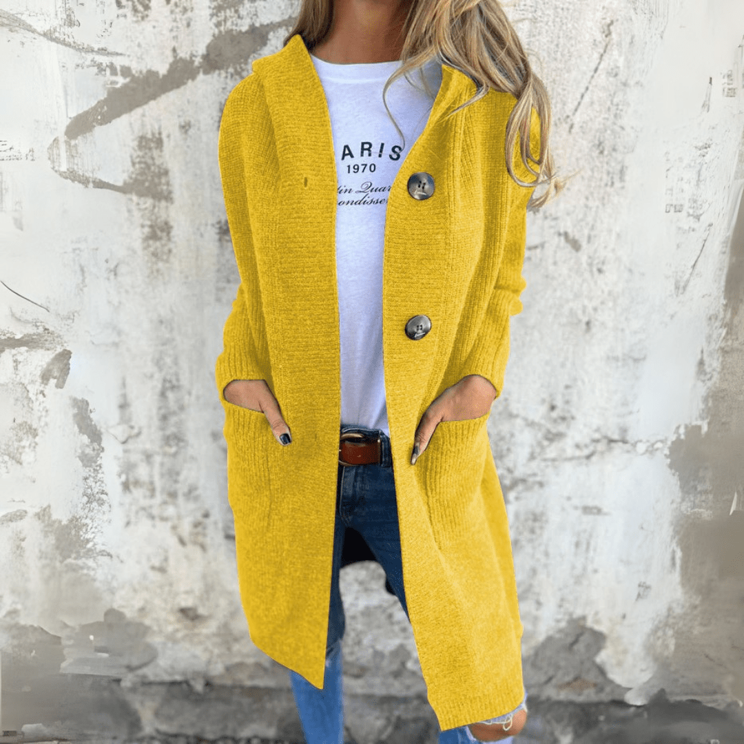 Lang cardigan dame med knapper – strik maxi vest