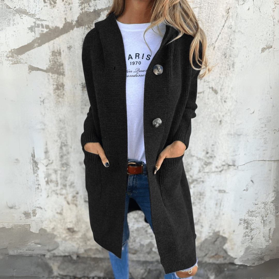 Lang cardigan dame med knapper – strik maxi vest