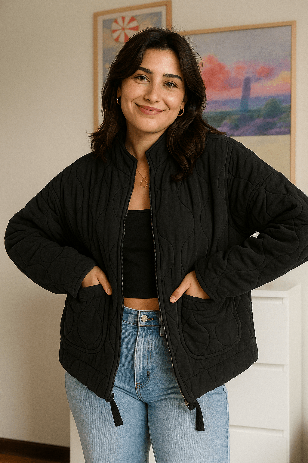 Quiltet dame jakke med lynlås og lommer