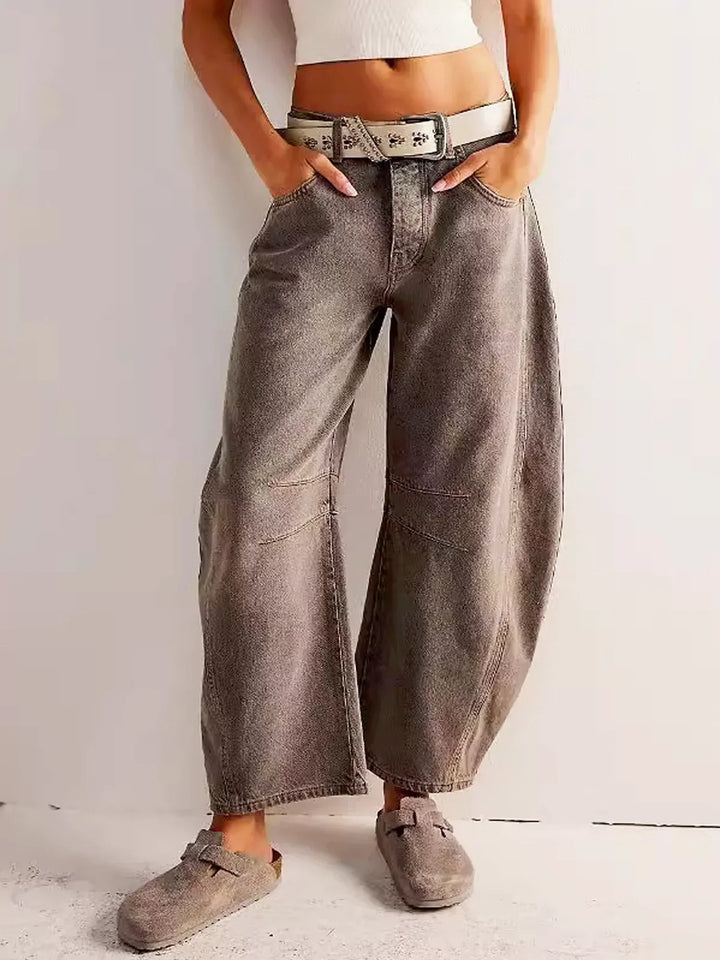 Damejeans med leopardprint og tøndemønster