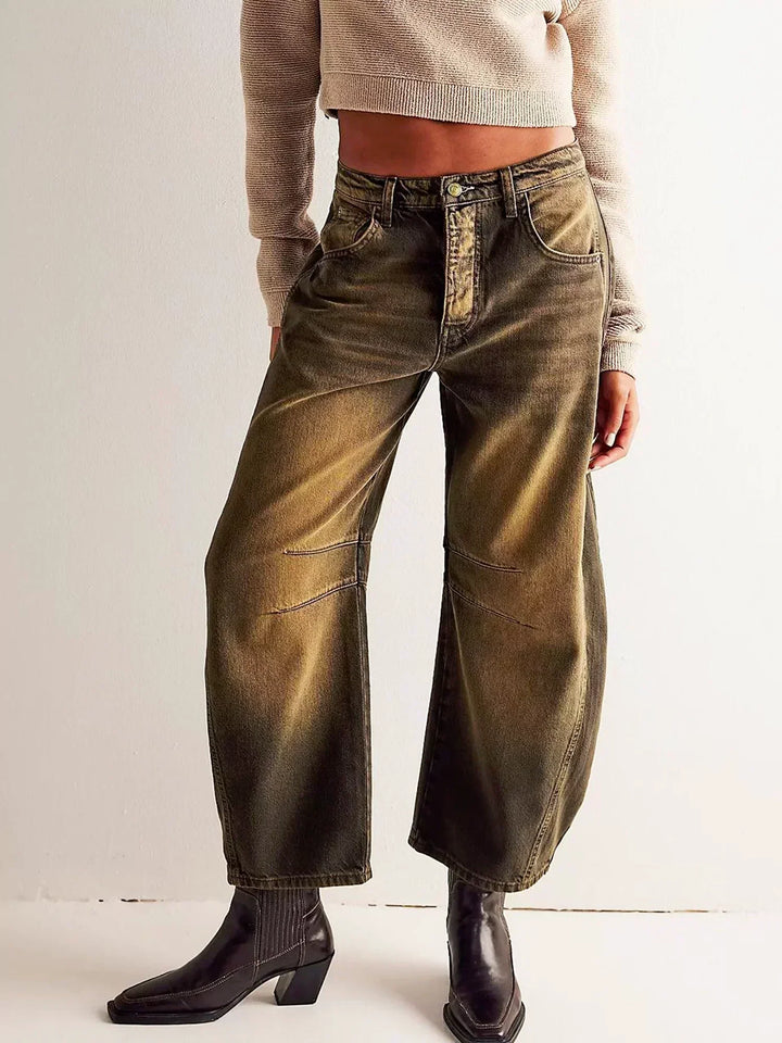 Damejeans med leopardprint og tøndemønster