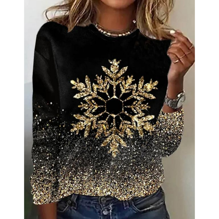 Dame Julesweater Snefnug – Festlig Strik Med Guld Glitter Mønster