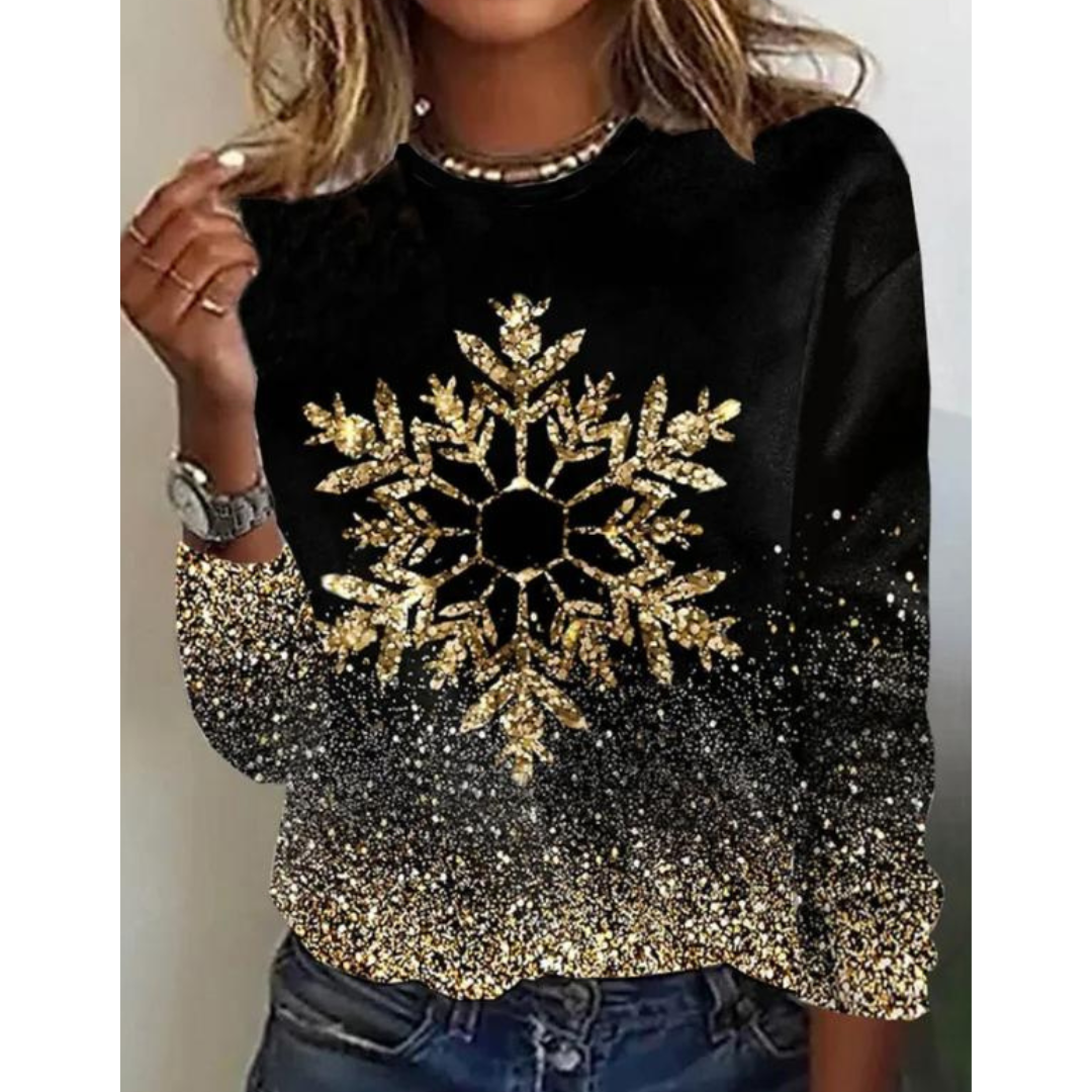 Dame Julesweater Snefnug – Festlig Strik Med Guld Glitter Mønster