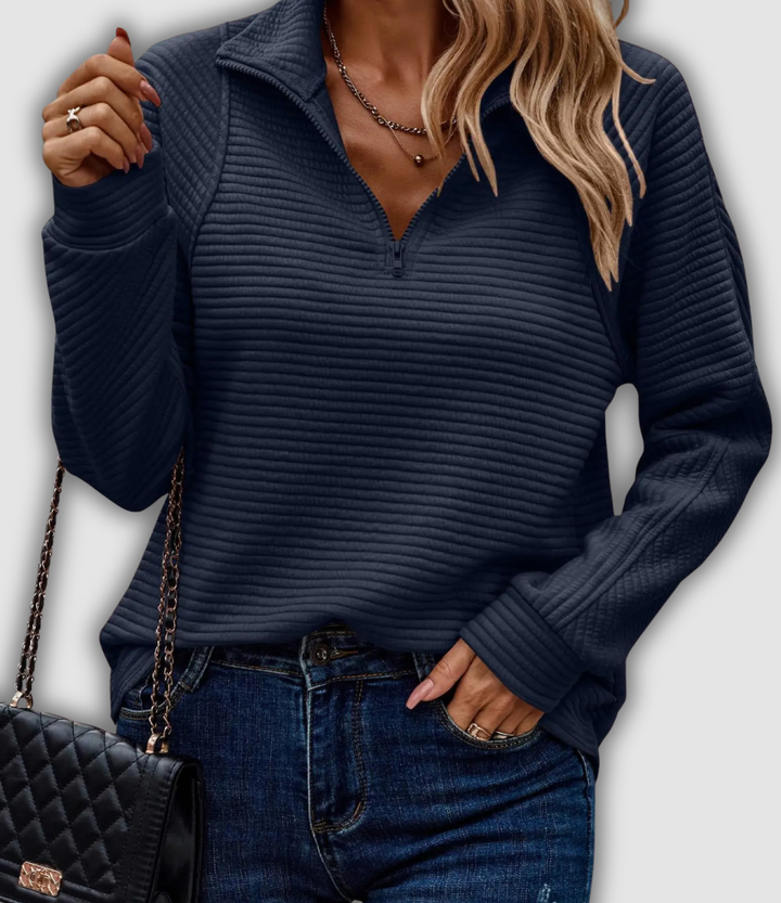 Striktrøje dame – pullover med halv lynlås