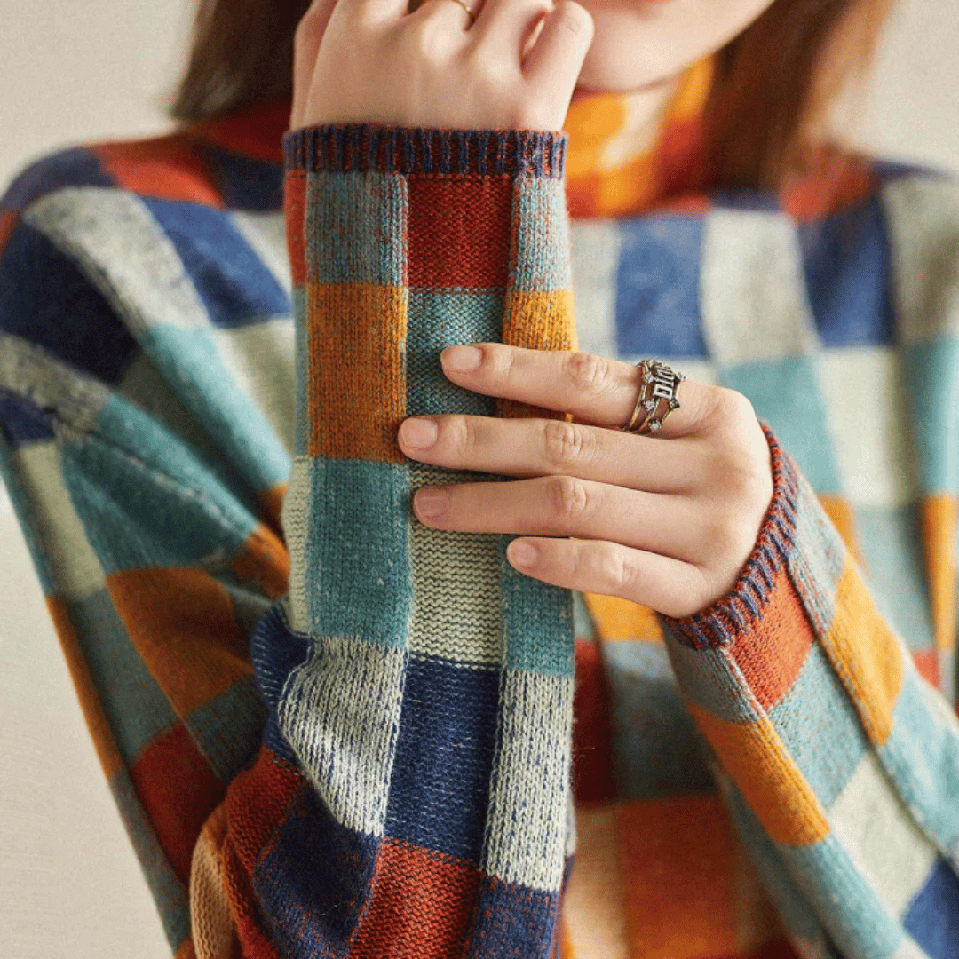 Striktrøje dame ternet sweater med rullekrave