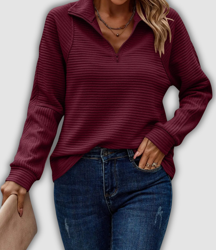 Striktrøje dame – pullover med halv lynlås