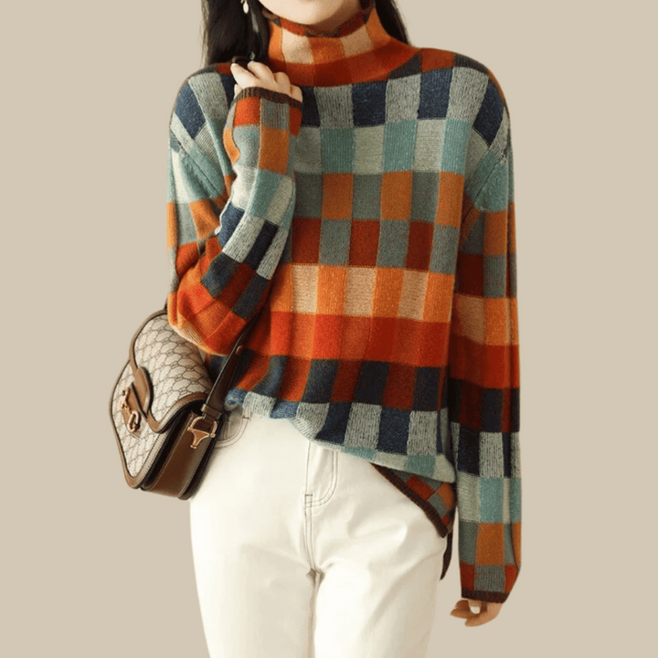 Striktrøje dame ternet sweater med rullekrave