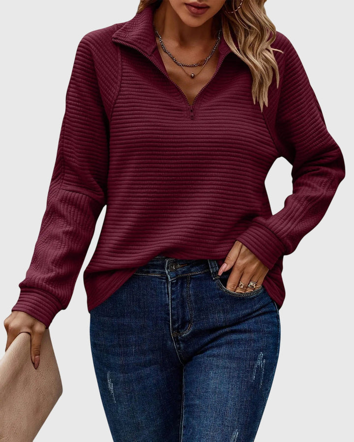 Dame sweater med lynlås og v-hals
