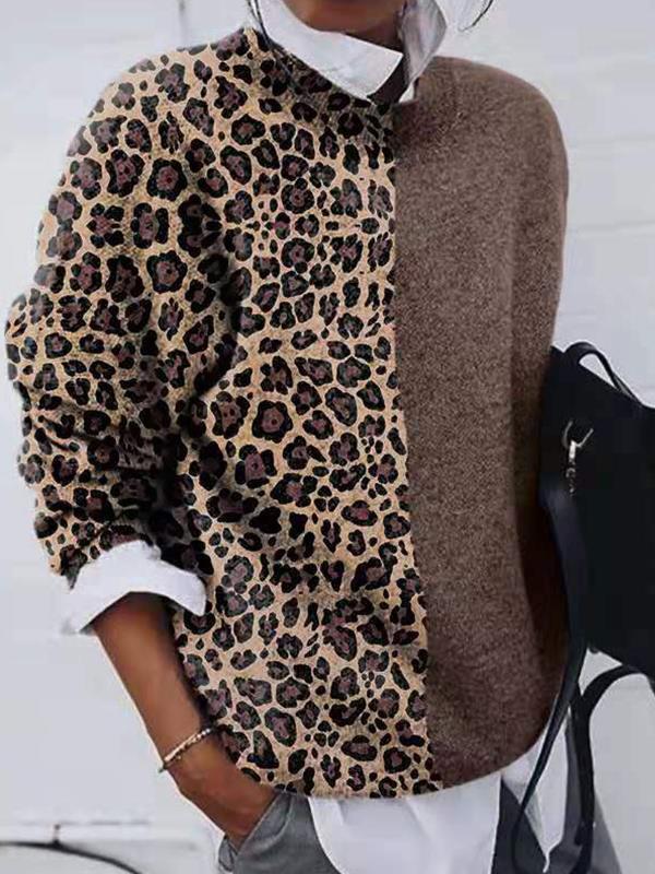Dame sweater – bluse med leopardmønster og ensfarvet kontrast