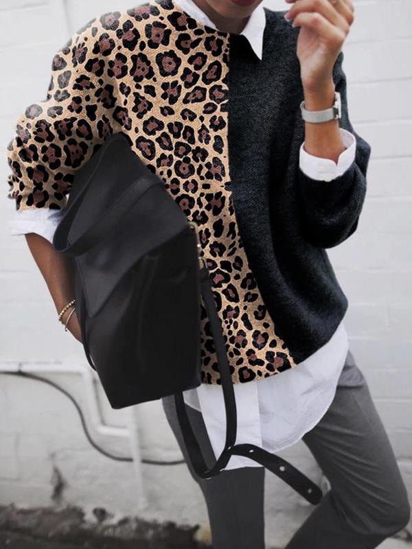 Dame sweater – bluse med leopardmønster og ensfarvet kontrast