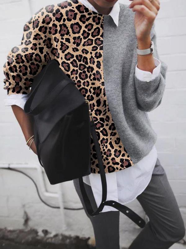 Dame sweater – bluse med leopardmønster og ensfarvet kontrast
