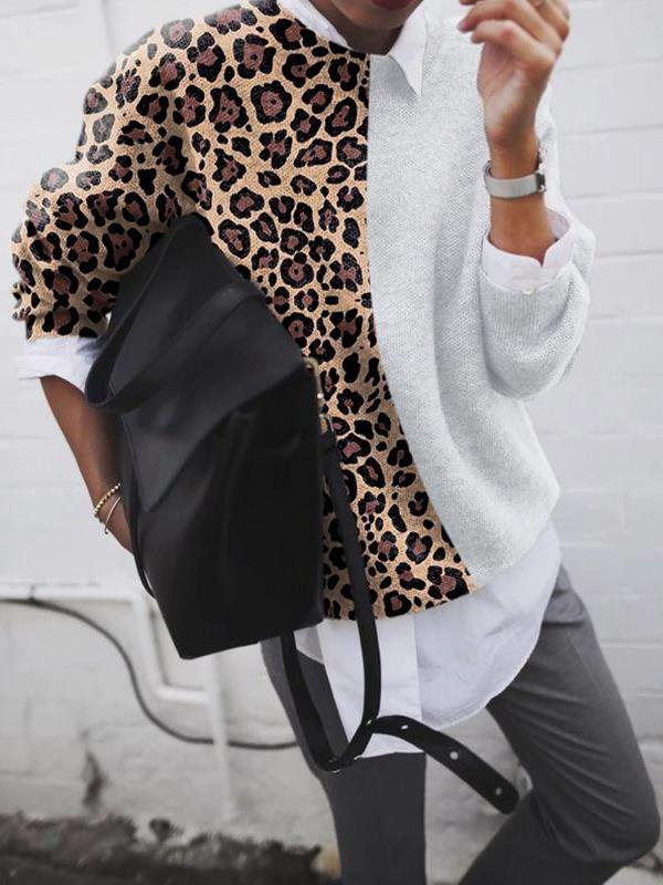 Dame sweater – bluse med leopardmønster og ensfarvet kontrast