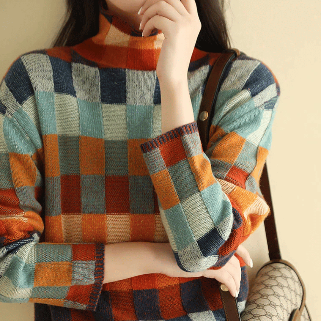 Striktrøje dame ternet sweater med rullekrave