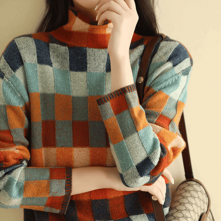 Striktrøje dame ternet sweater med rullekrave