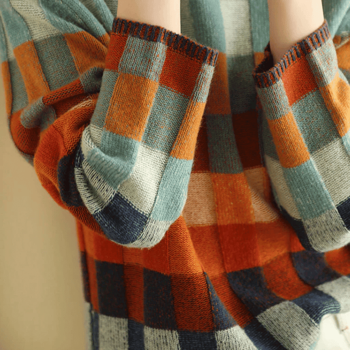 Striktrøje dame ternet sweater med rullekrave