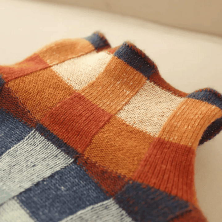Striktrøje dame ternet sweater med rullekrave