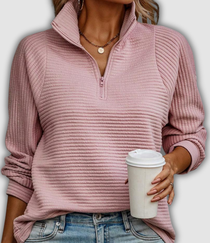 Striktrøje dame – pullover med halv lynlås