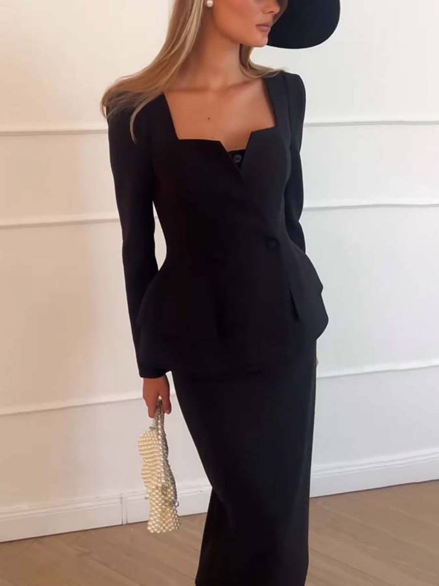 Dame sæt med blazer og lang nederdel