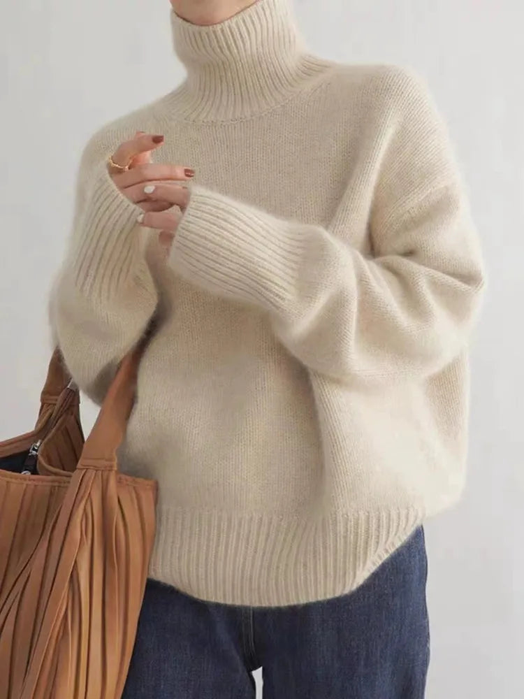 Striktrøje dame blød sweater med rullekrave