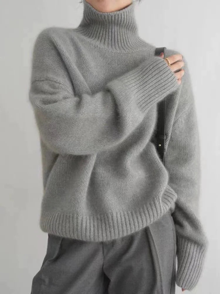 Striktrøje dame blød sweater med rullekrave