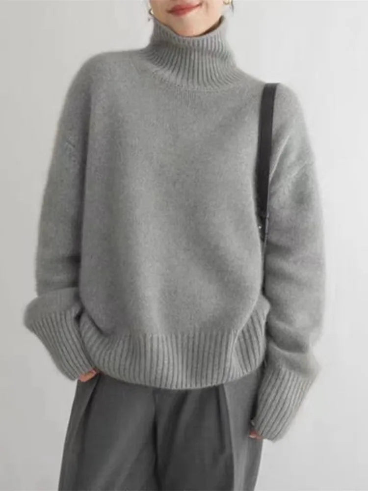 Striktrøje dame blød sweater med rullekrave