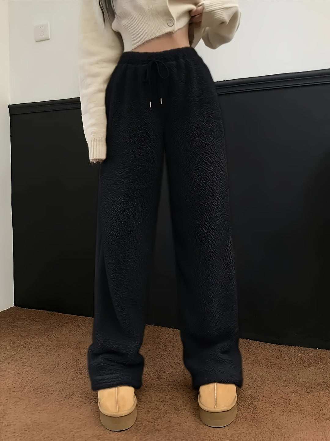Dames bukser i teddyfleece med elastisk talje