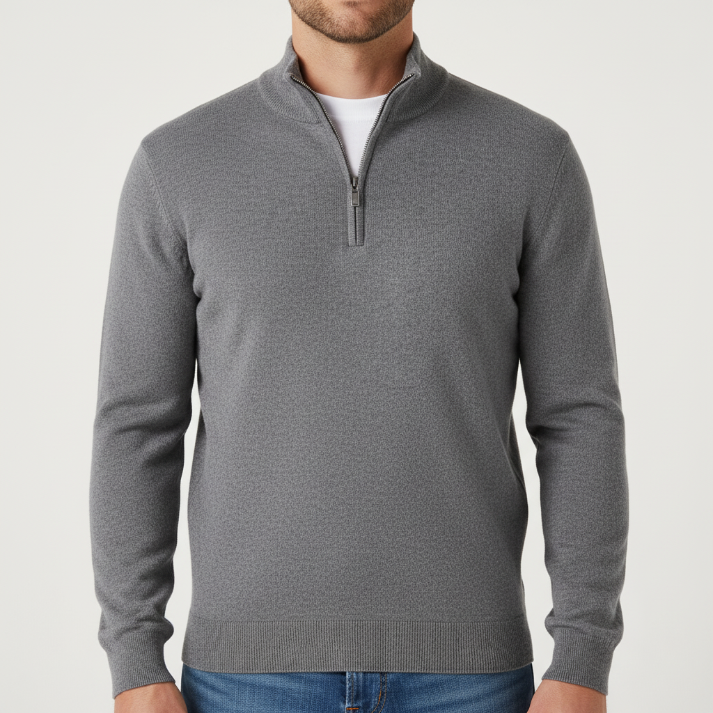 Herre Striktrøje Elegant – Halv-Lynlås & Standkrave Pullover