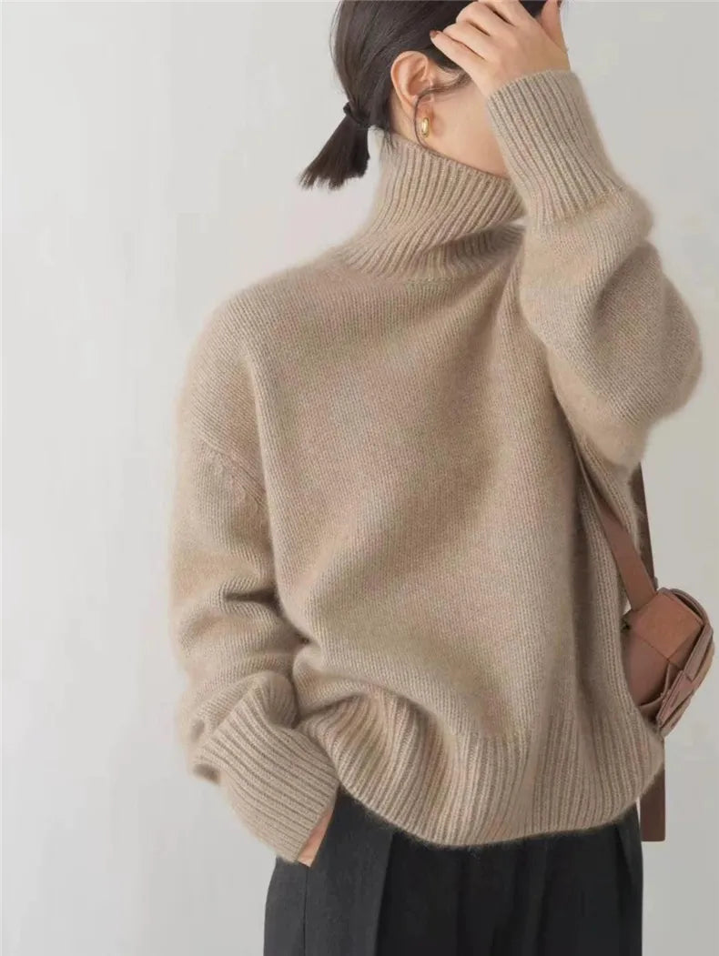 Striktrøje dame blød sweater med rullekrave