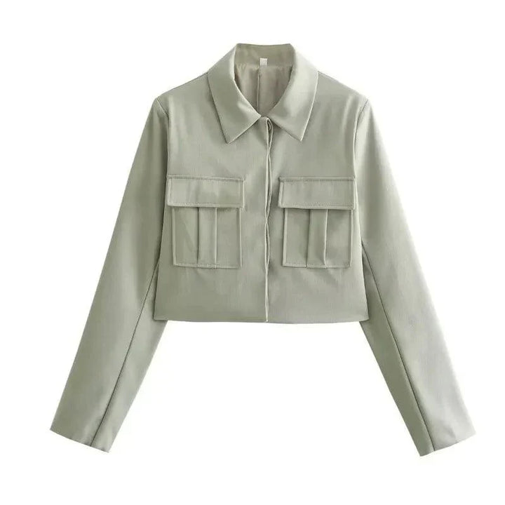 To-delt dame sæt med cropped blazer og højtaljede bukser