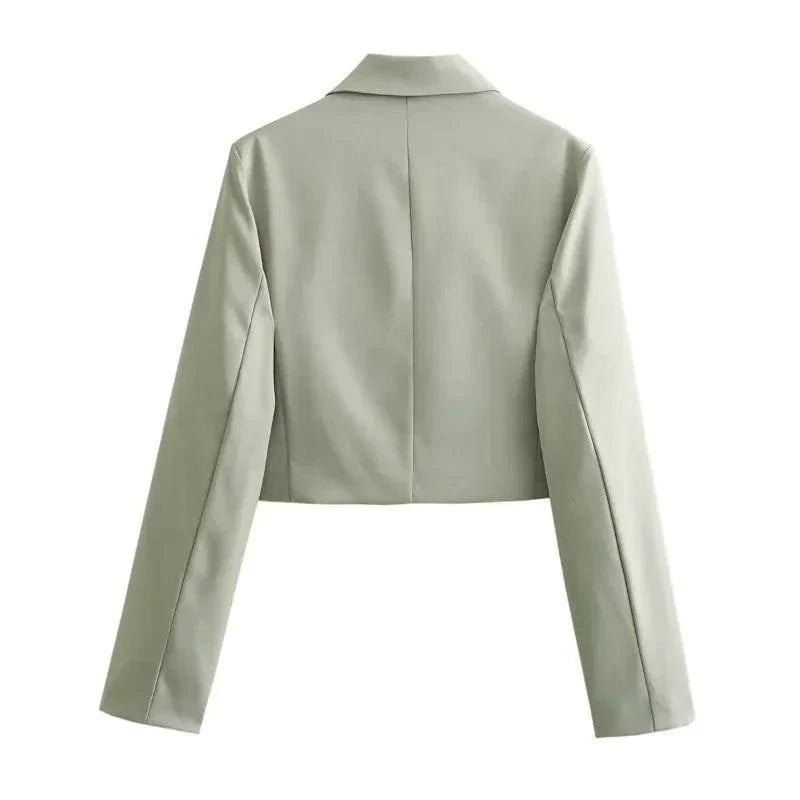 To-delt dame sæt med cropped blazer og højtaljede bukser