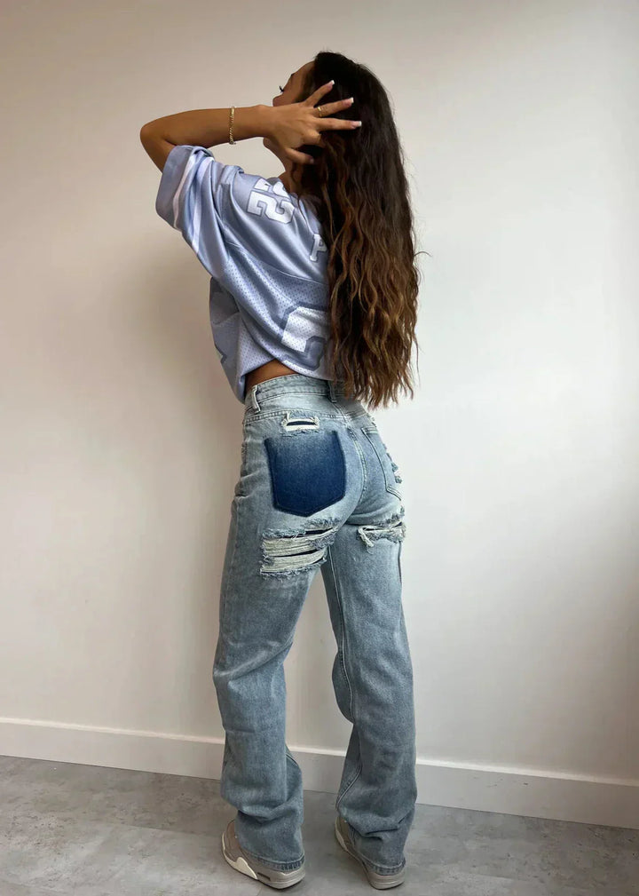 Dame jeans med høj talje og patchwork detalje