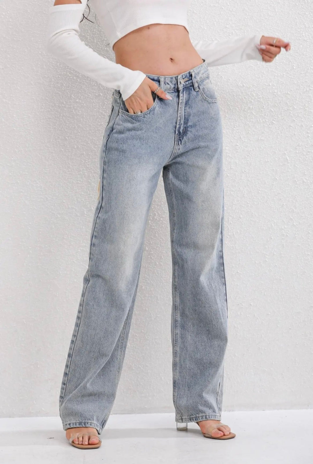 Dame jeans med høj talje og patchwork detalje