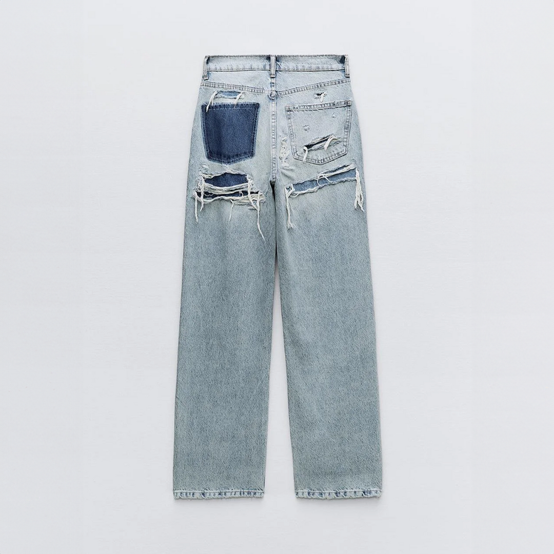 Dame jeans med høj talje og patchwork detalje