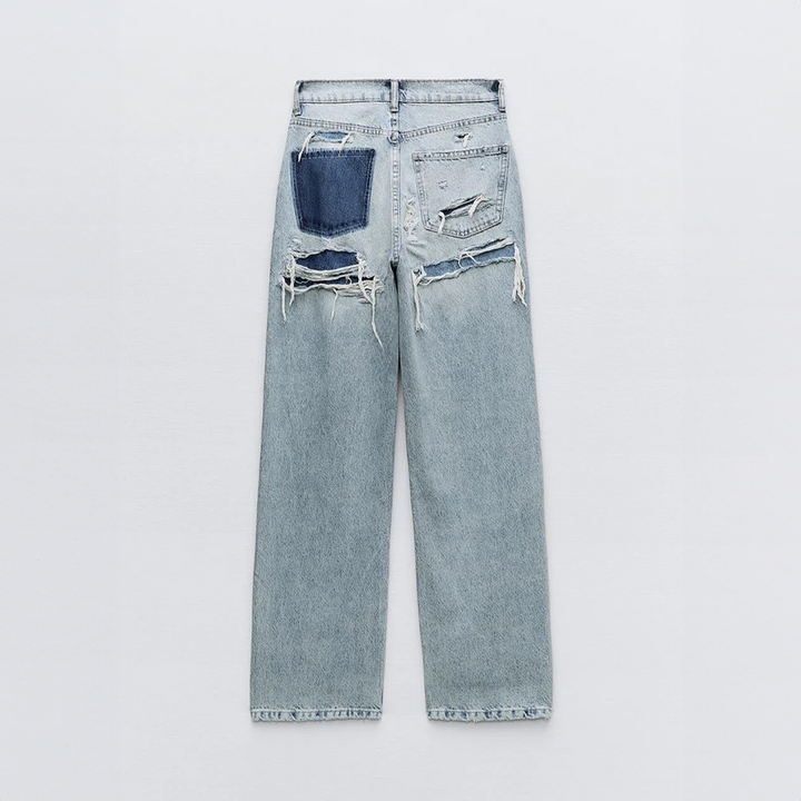 Dame jeans med høj talje og patchwork detalje