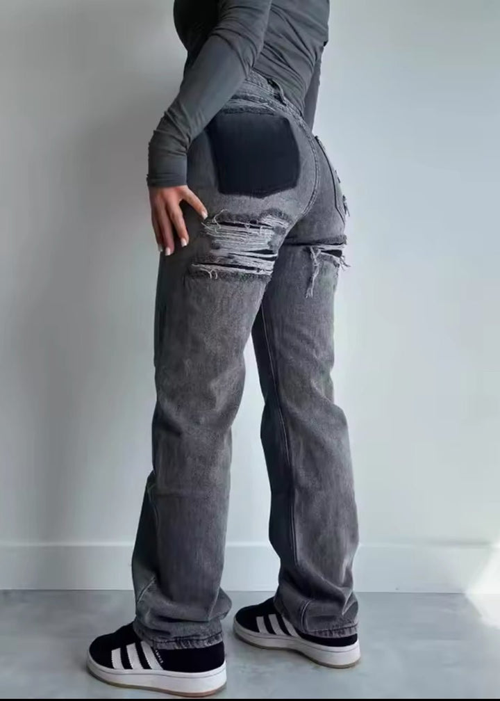 Dame jeans med høj talje og patchwork detalje