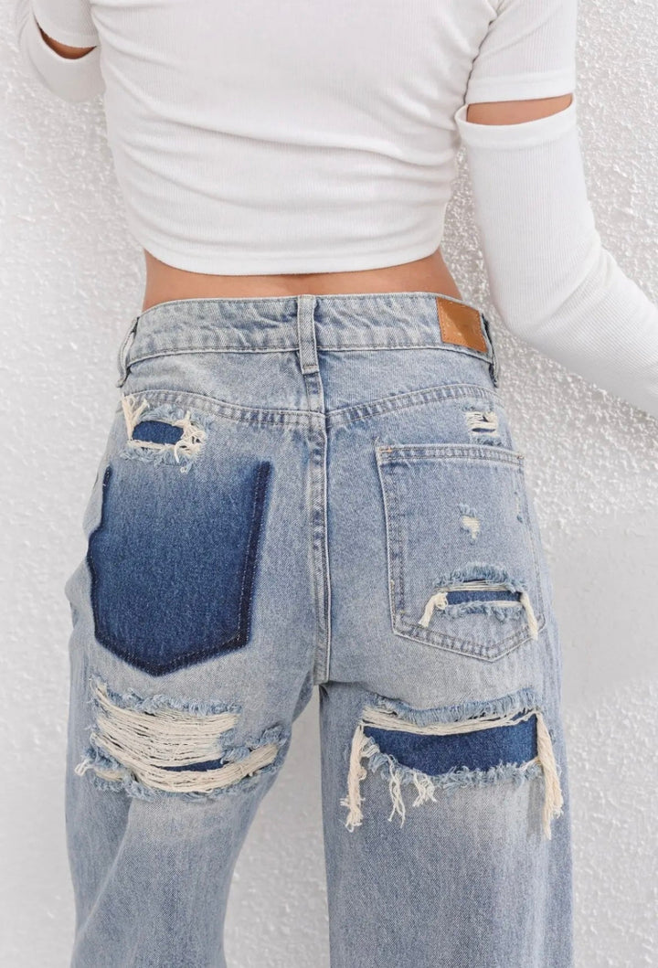 Dame jeans med høj talje og patchwork detalje