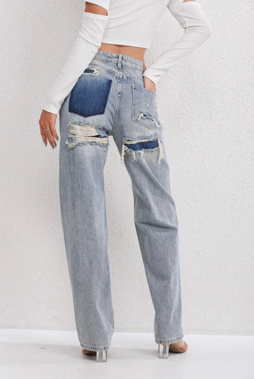 Dame jeans med høj talje og patchwork detalje